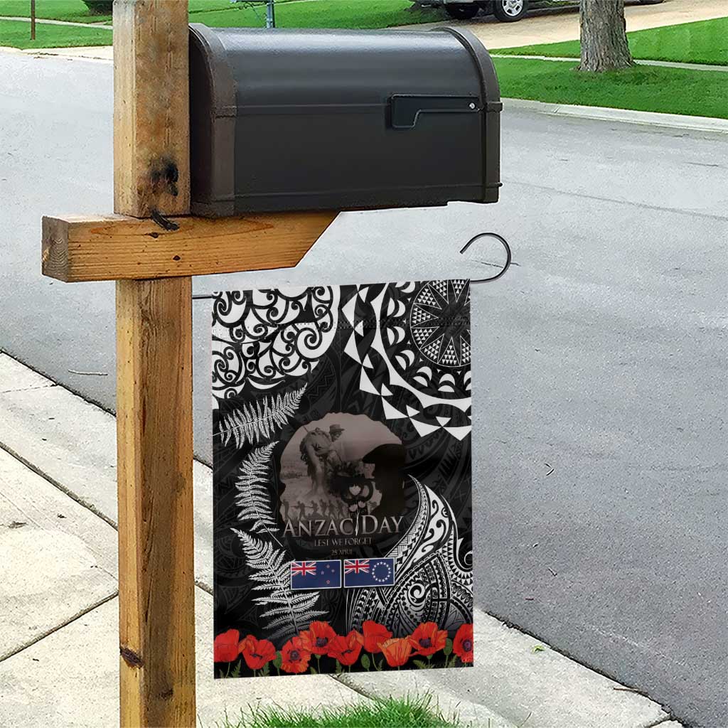 New Zealand and Cook Islands ANZAC Day Garden Flag Gallipoli Lest We Forget Tatau Art Tribal and Maori Tattoo with Fern