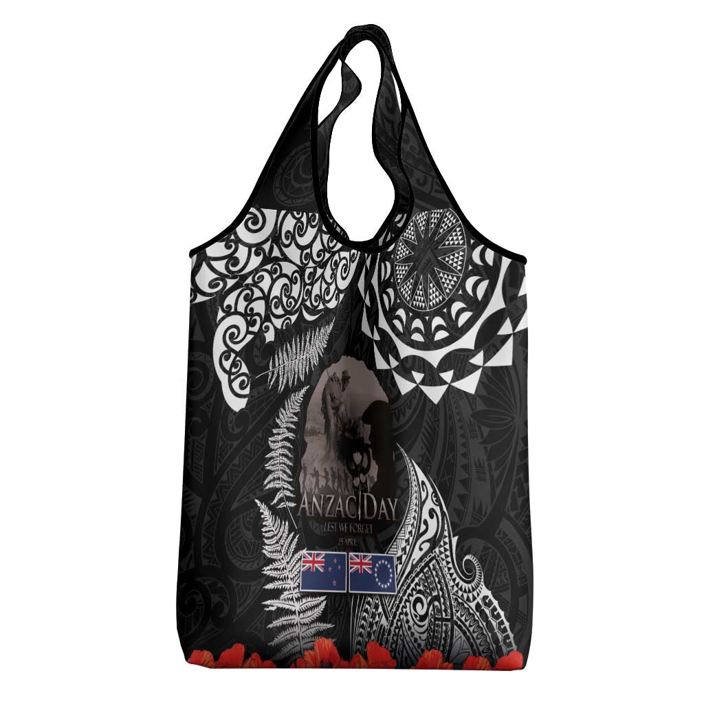 New Zealand and Cook Islands ANZAC Day Grocery Bag Gallipoli Lest We Forget Tatau Art Tribal and Maori Tattoo with Fern