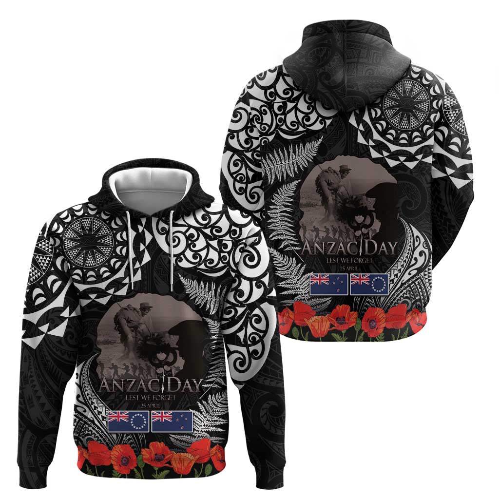 New Zealand and Cook Islands ANZAC Day Hoodie Gallipoli Lest We Forget Tatau Art Tribal and Maori Tattoo with Fern