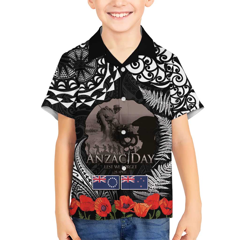 New Zealand and Cook Islands ANZAC Day Kid Hawaiian Shirt Gallipoli Lest We Forget Tatau Art Tribal and Maori Tattoo with Fern LT03 Kid Black - Polynesian Pride