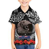 New Zealand and Cook Islands ANZAC Day Kid Hawaiian Shirt Gallipoli Lest We Forget Tatau Art Tribal and Maori Tattoo with Fern LT03 Kid Black - Polynesian Pride