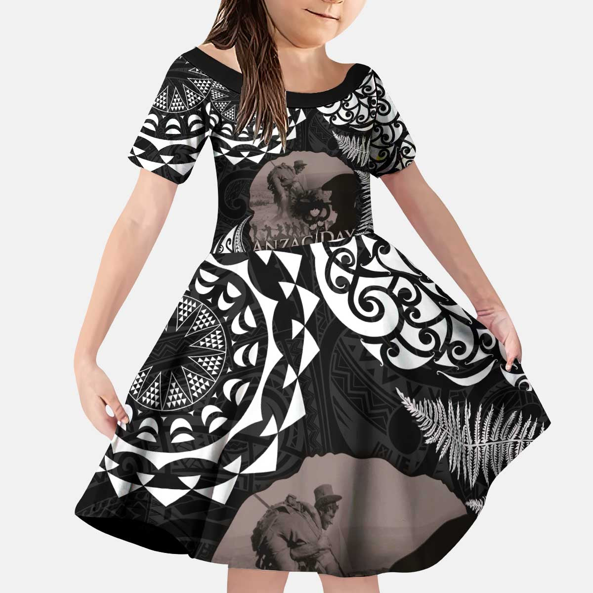 New Zealand and Cook Islands ANZAC Day Kid Short Sleeve Dress Gallipoli Lest We Forget Tatau Art Tribal and Maori Tattoo with Fern LT03 KID Black - Polynesian Pride