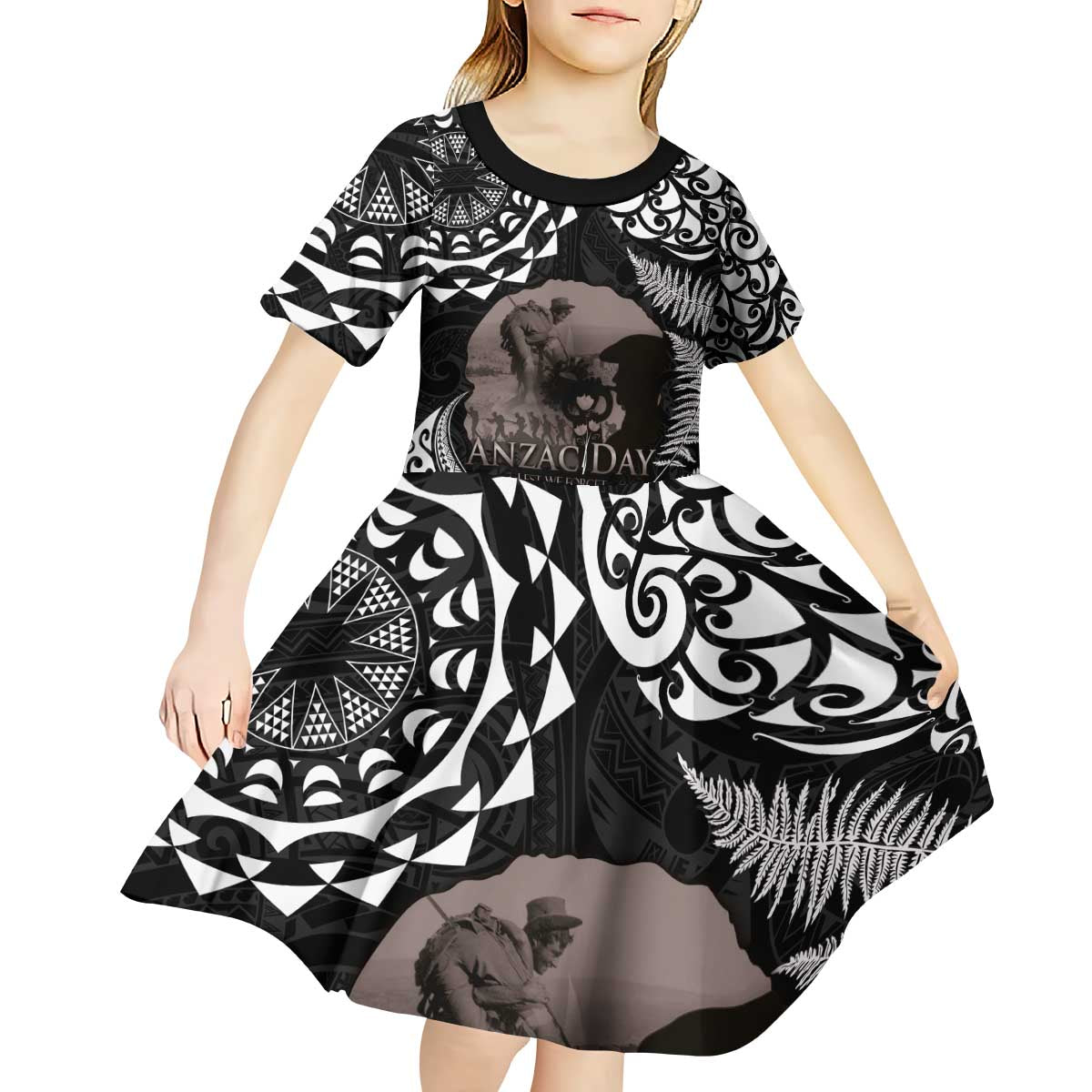New Zealand and Cook Islands ANZAC Day Kid Short Sleeve Dress Gallipoli Lest We Forget Tatau Art Tribal and Maori Tattoo with Fern LT03 - Polynesian Pride