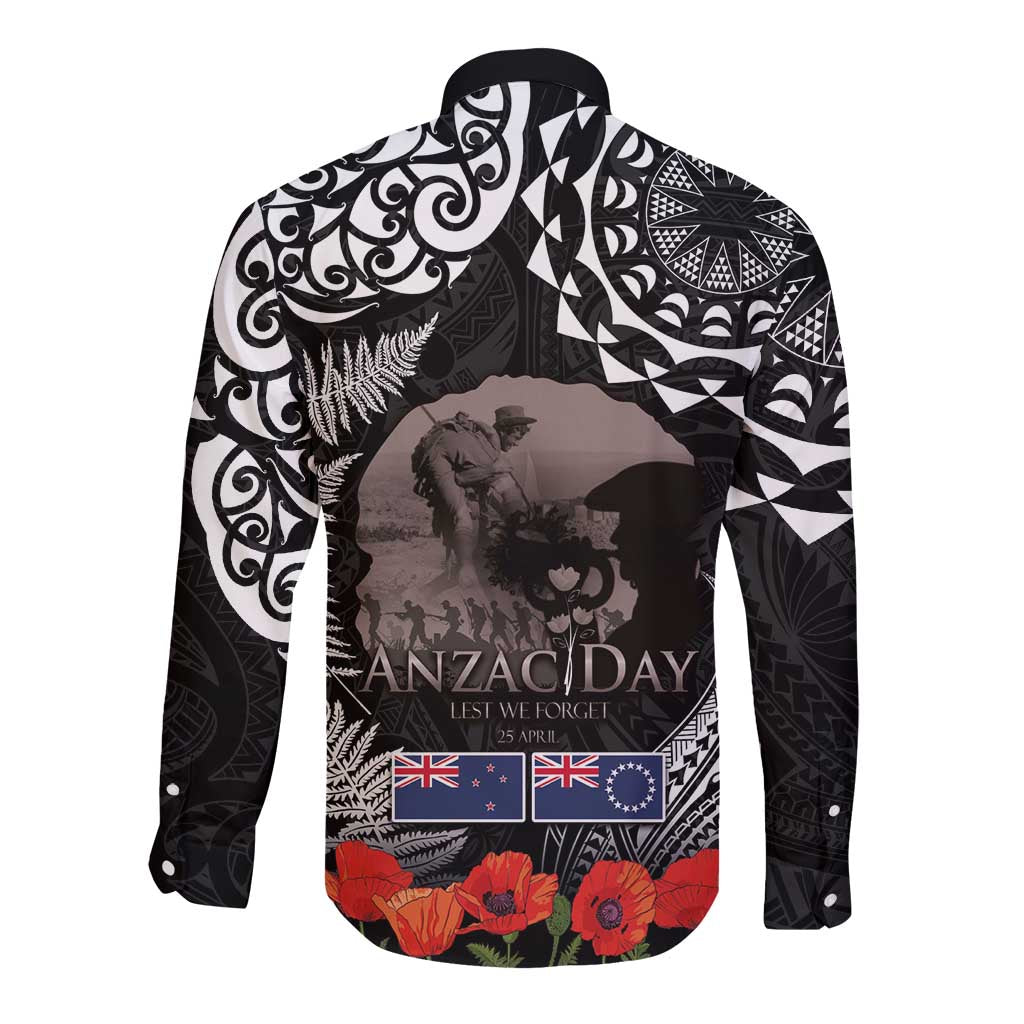 New Zealand and Cook Islands ANZAC Day Long Sleeve Button Shirt Gallipoli Lest We Forget Tatau Art Tribal and Maori Tattoo with Fern LT03 - Polynesian Pride