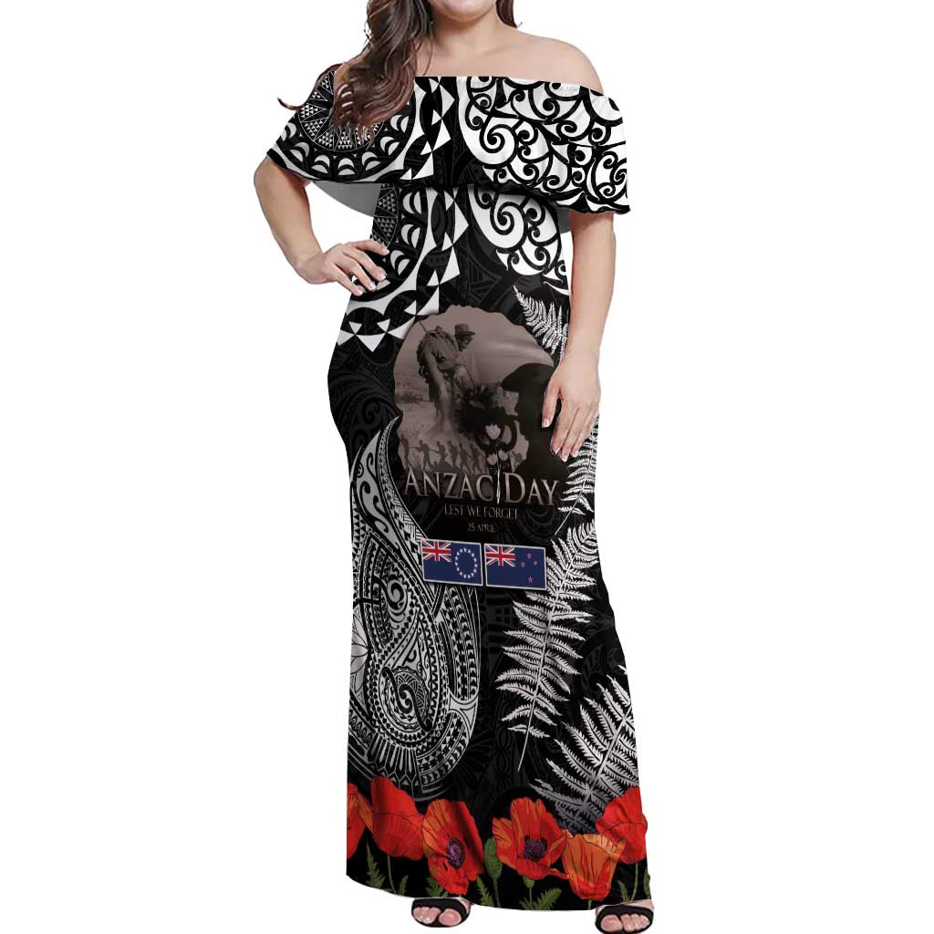New Zealand and Cook Islands ANZAC Day Off Shoulder Maxi Dress Gallipoli Lest We Forget Tatau Art Tribal and Maori Tattoo with Fern LT03 Women Black - Polynesian Pride