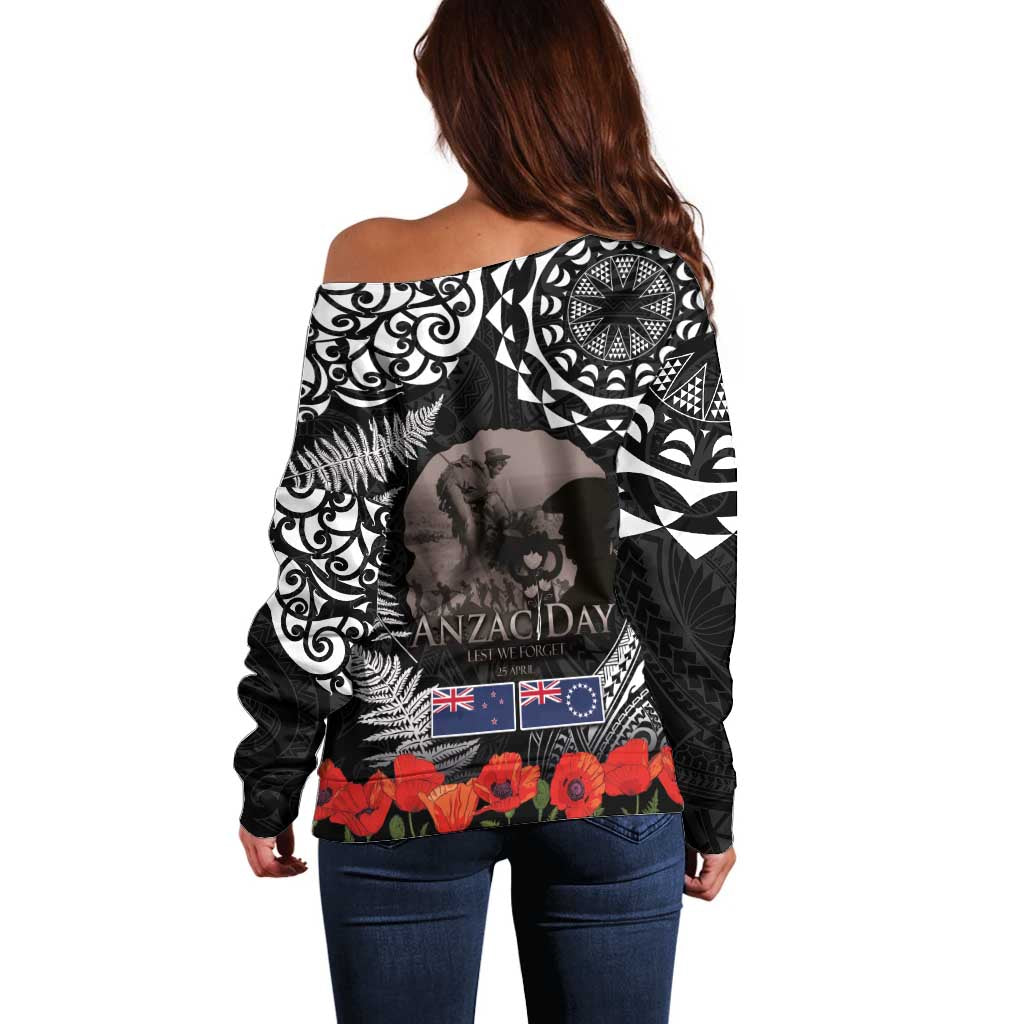 New Zealand and Cook Islands ANZAC Day Off Shoulder Sweater Gallipoli Lest We Forget Tatau Art Tribal and Maori Tattoo with Fern LT03 - Polynesian Pride