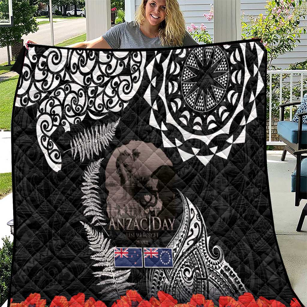New Zealand and Cook Islands ANZAC Day Quilt Gallipoli Lest We Forget Tatau Art Tribal and Maori Tattoo with Fern LT03 Black - Polynesian Pride