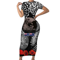 New Zealand and Cook Islands ANZAC Day Short Sleeve Bodycon Dress Gallipoli Lest We Forget Tatau Art Tribal and Maori Tattoo with Fern LT03 Long Dress Black - Polynesian Pride