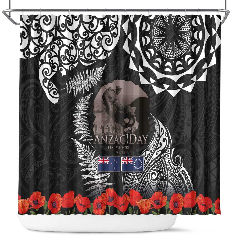 New Zealand and Cook Islands ANZAC Day Shower Curtain Gallipoli Lest We Forget Tatau Art Tribal and Maori Tattoo with Fern LT03 Black - Polynesian Pride