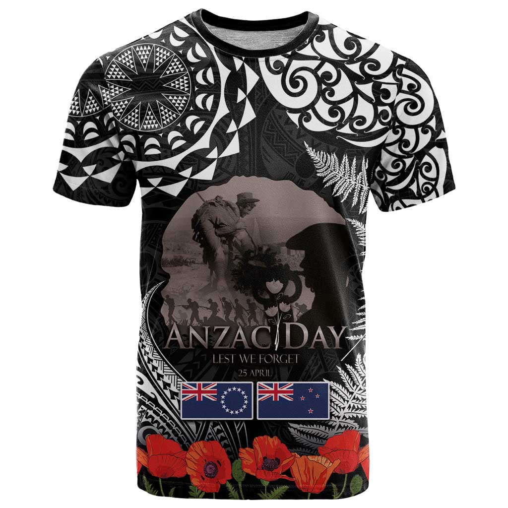 New Zealand and Cook Islands ANZAC Day T Shirt Gallipoli Lest We Forget Tatau Art Tribal and Maori Tattoo with Fern LT03 Black - Polynesian Pride