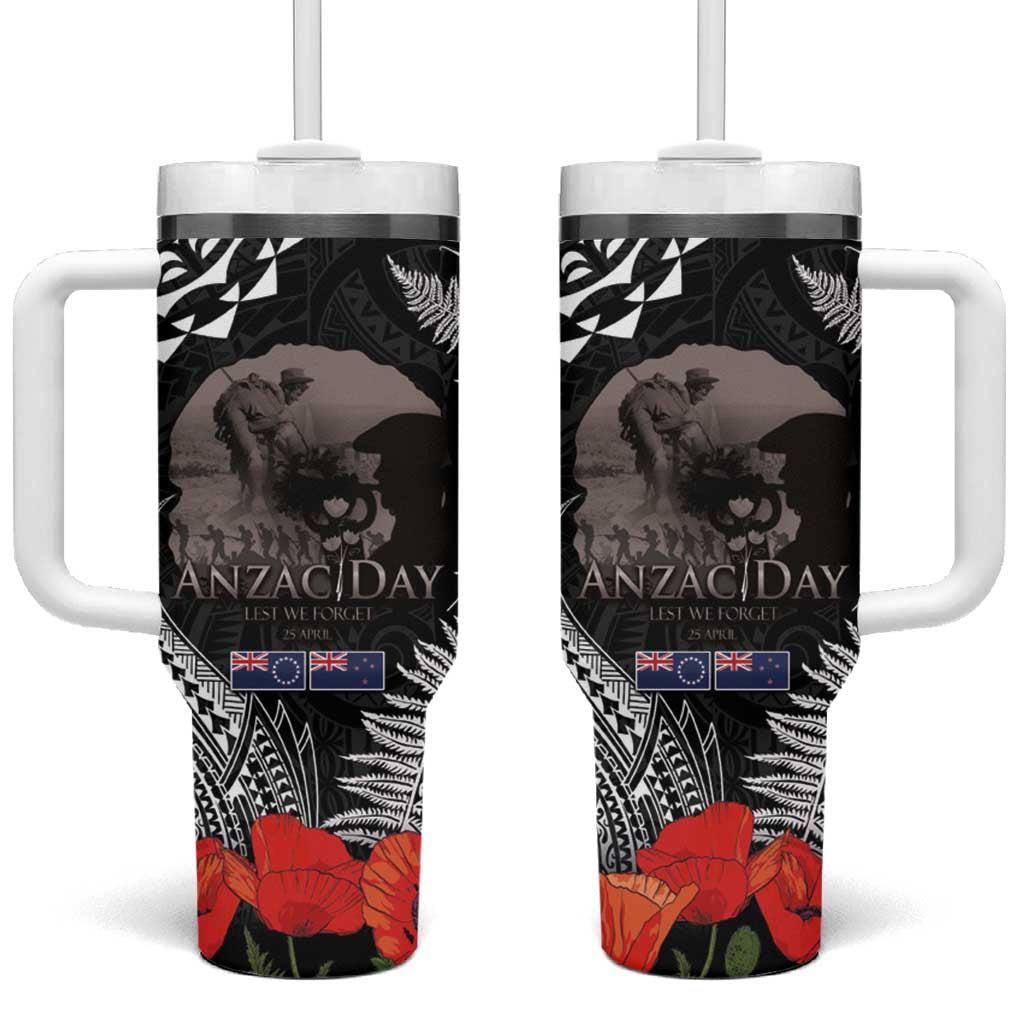 New Zealand and Cook Islands ANZAC Day Tumbler With Handle Gallipoli Lest We Forget Tatau Art Tribal and Maori Tattoo with Fern LT03 One Size: 40 oz Black - Polynesian Pride