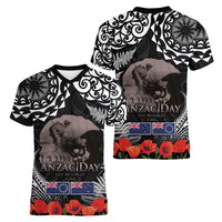 New Zealand and Cook Islands ANZAC Day Women V-Neck T-Shirt Gallipoli Lest We Forget Tatau Art Tribal and Maori Tattoo with Fern LT03 - Polynesian Pride