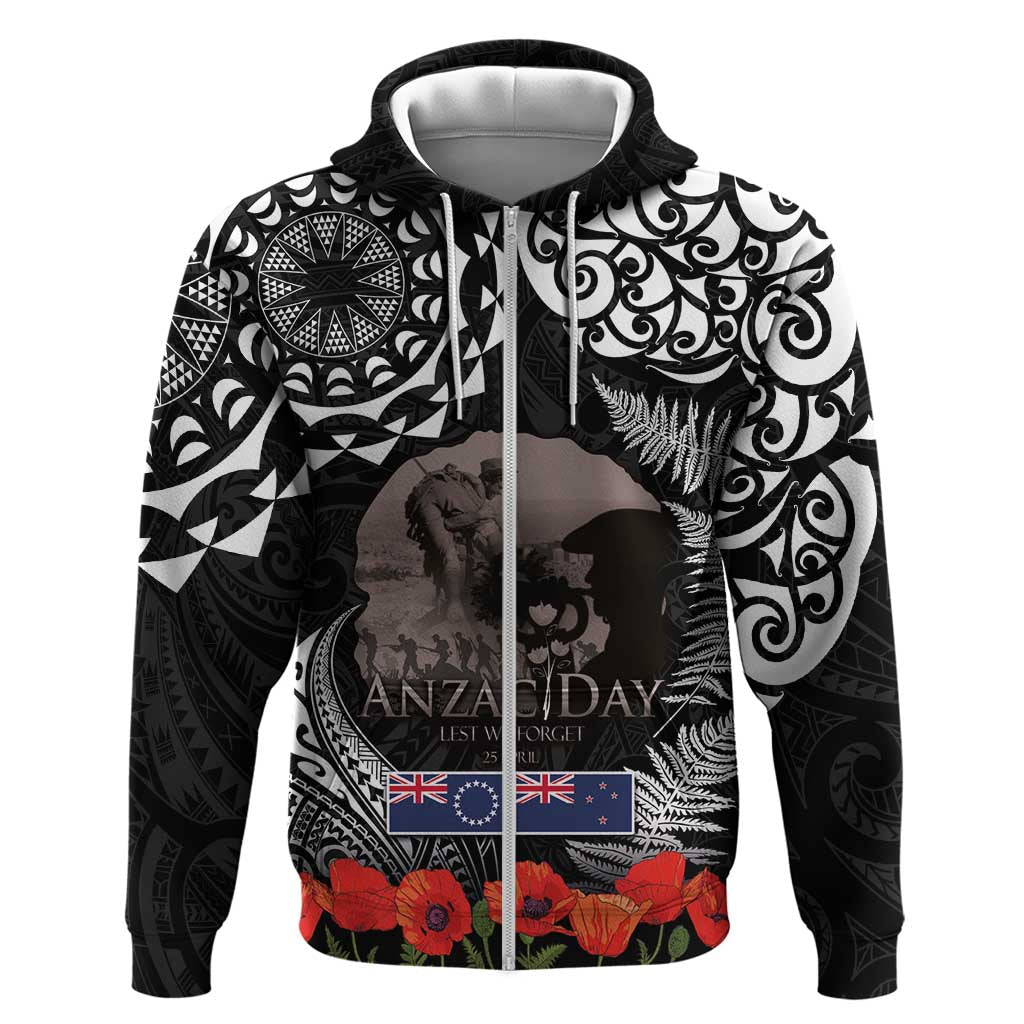 New Zealand and Cook Islands ANZAC Day Zip Hoodie Gallipoli Lest We Forget Tatau Art Tribal and Maori Tattoo with Fern LT03 Zip Hoodie Black - Polynesian Pride