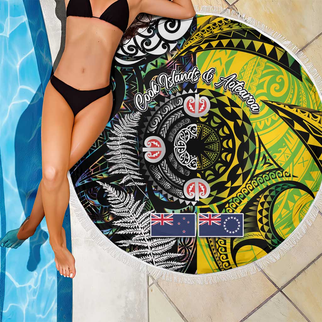 New Zealand and Cook Islands Together Beach Blanket Tatau Art Tribal Pattern-Maori Tattoo with Fern and Paua Shell