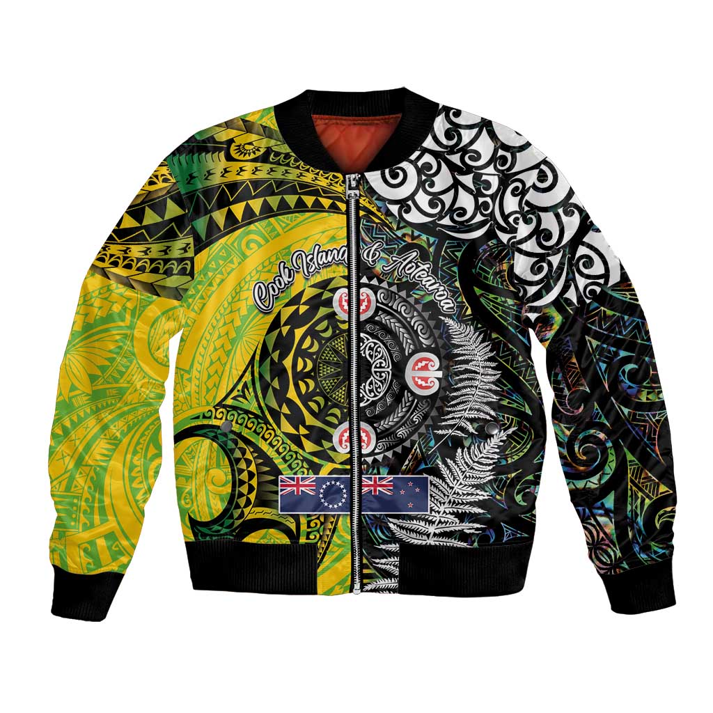 New Zealand and Cook Islands Together Bomber Jacket Tatau Art Tribal Pattern-Maori Tattoo with Fern and Paua Shell LT03 Unisex Art - Polynesian Pride