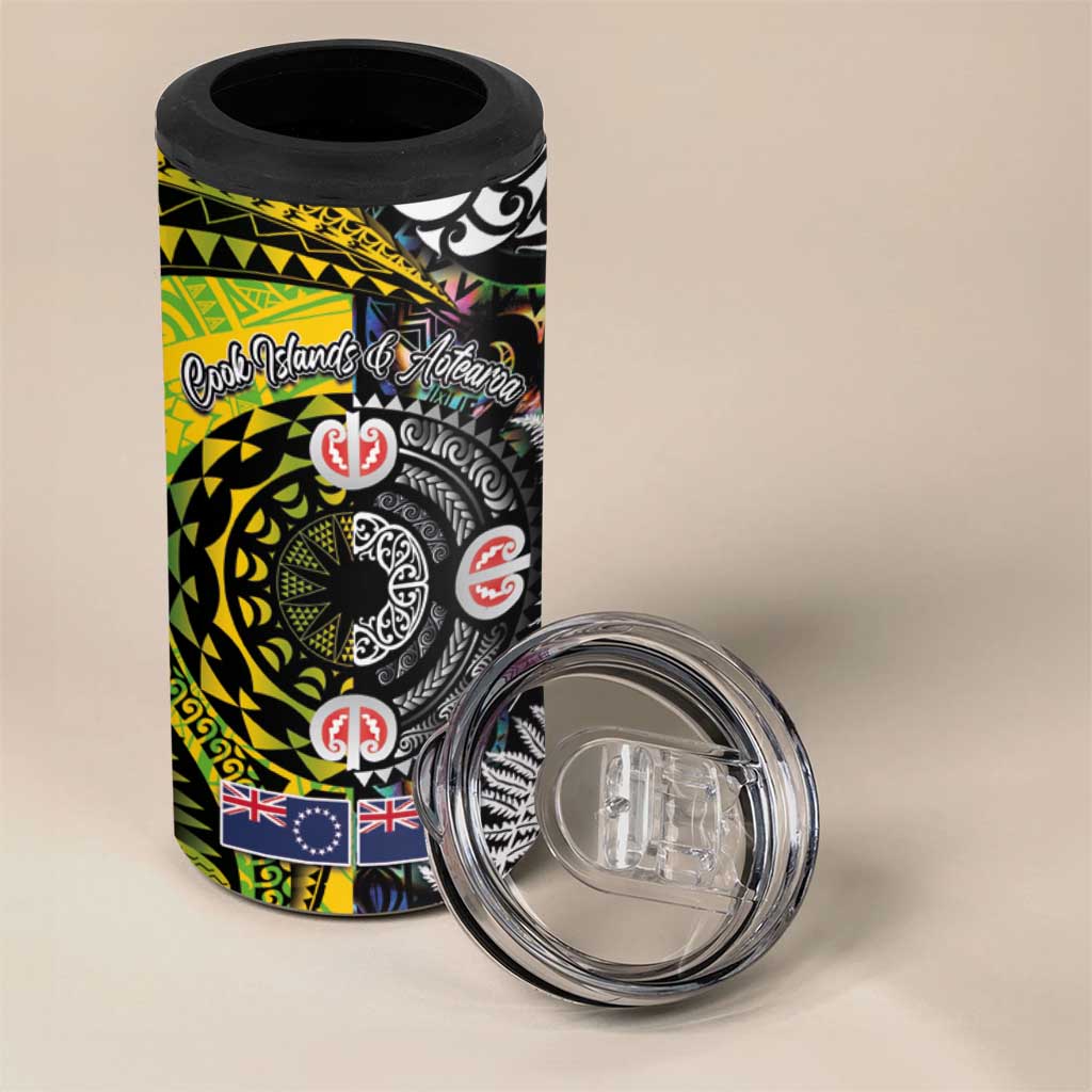 New Zealand and Cook Islands Together 4 in 1 Can Cooler Tumbler Tatau Art Tribal Pattern-Maori Tattoo with Fern and Paua Shell LT03 - Polynesian Pride