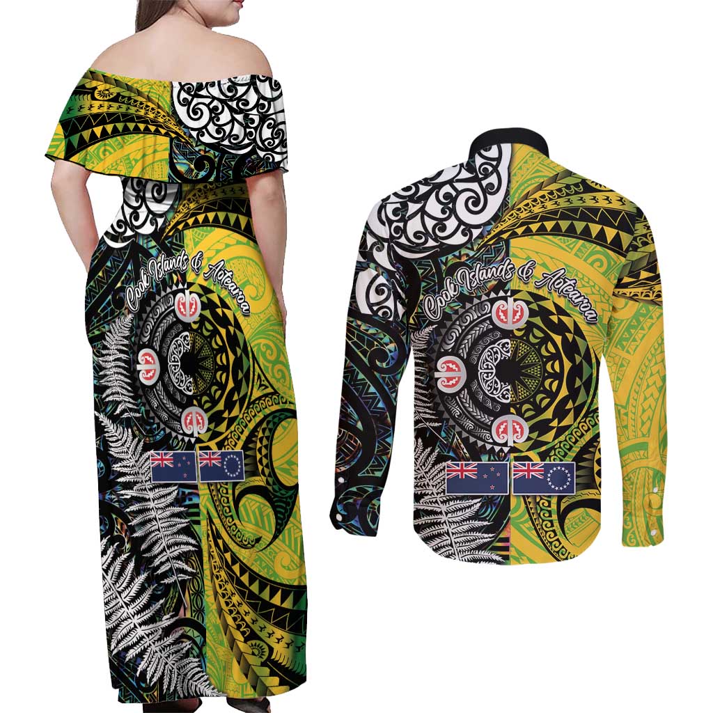 New Zealand and Cook Islands Together Couples Matching Off Shoulder Maxi Dress and Long Sleeve Button Shirt Tatau Art Tribal Pattern-Maori Tattoo with Fern and Paua Shell LT03 - Polynesian Pride