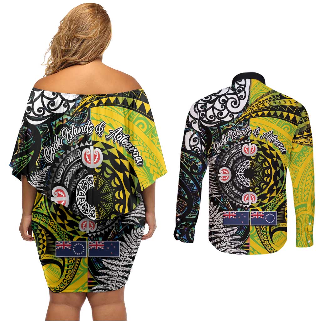 New Zealand and Cook Islands Together Couples Matching Off Shoulder Short Dress and Long Sleeve Button Shirt Tatau Art Tribal Pattern-Maori Tattoo with Fern and Paua Shell LT03 - Polynesian Pride