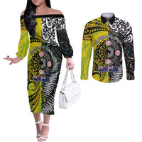 New Zealand and Cook Islands Together Couples Matching Off The Shoulder Long Sleeve Dress and Long Sleeve Button Shirt Tatau Art Tribal Pattern-Maori Tattoo with Fern and Paua Shell LT03 Art - Polynesian Pride