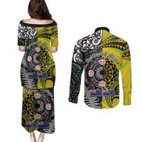 New Zealand and Cook Islands Together Couples Matching Puletasi and Long Sleeve Button Shirt Tatau Art Tribal Pattern-Maori Tattoo with Fern and Paua Shell LT03 - Polynesian Pride