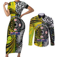 New Zealand and Cook Islands Together Couples Matching Short Sleeve Bodycon Dress and Long Sleeve Button Shirt Tatau Art Tribal Pattern-Maori Tattoo with Fern and Paua Shell LT03 Art - Polynesian Pride