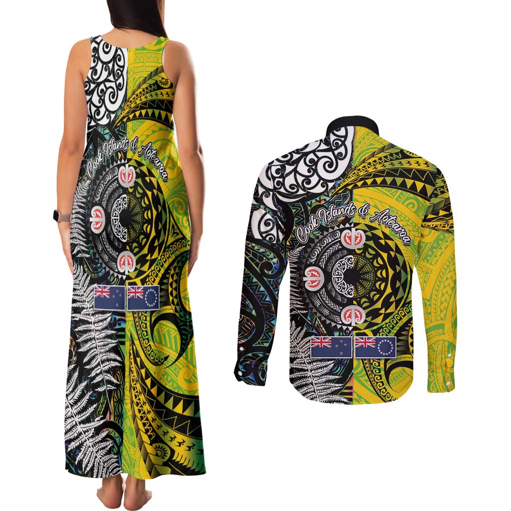 New Zealand and Cook Islands Together Couples Matching Tank Maxi Dress and Long Sleeve Button Shirt Tatau Art Tribal Pattern-Maori Tattoo with Fern and Paua Shell LT03 - Polynesian Pride