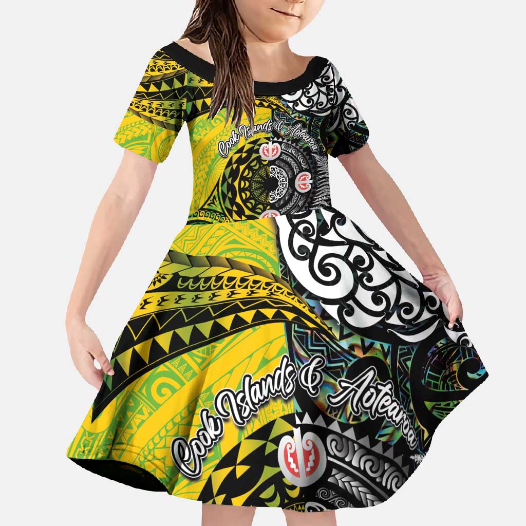 New Zealand and Cook Islands Together Family Matching Mermaid Dress and Hawaiian Shirt Tatau Art Tribal Pattern-Maori Tattoo with Fern and Paua Shell LT03 Daughter's Dress Art - Polynesian Pride