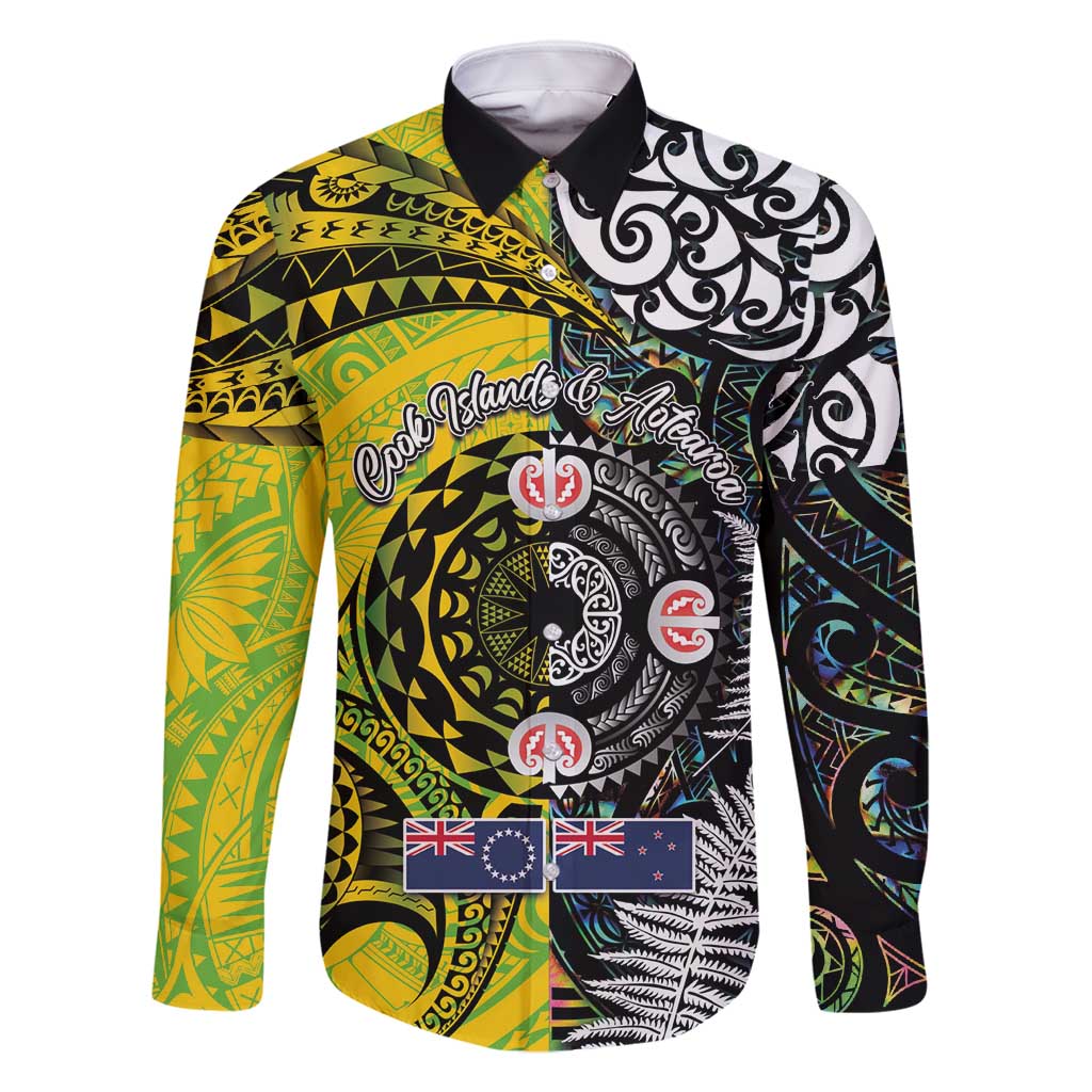 New Zealand and Cook Islands Together Family Matching Mermaid Dress and Hawaiian Shirt Tatau Art Tribal Pattern-Maori Tattoo with Fern and Paua Shell LT03 Dad's Shirt - Long Sleeve Art - Polynesian Pride