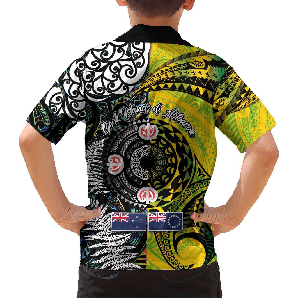 New Zealand and Cook Islands Together Family Matching Off Shoulder Short Dress and Hawaiian Shirt Tatau Art Tribal Pattern-Maori Tattoo with Fern and Paua Shell LT03 - Polynesian Pride