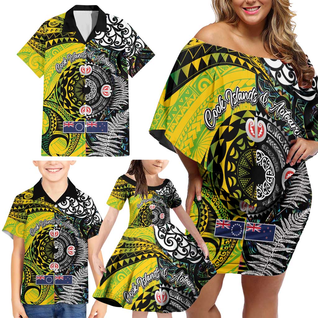 New Zealand and Cook Islands Together Family Matching Off Shoulder Short Dress and Hawaiian Shirt Tatau Art Tribal Pattern-Maori Tattoo with Fern and Paua Shell LT03 - Polynesian Pride