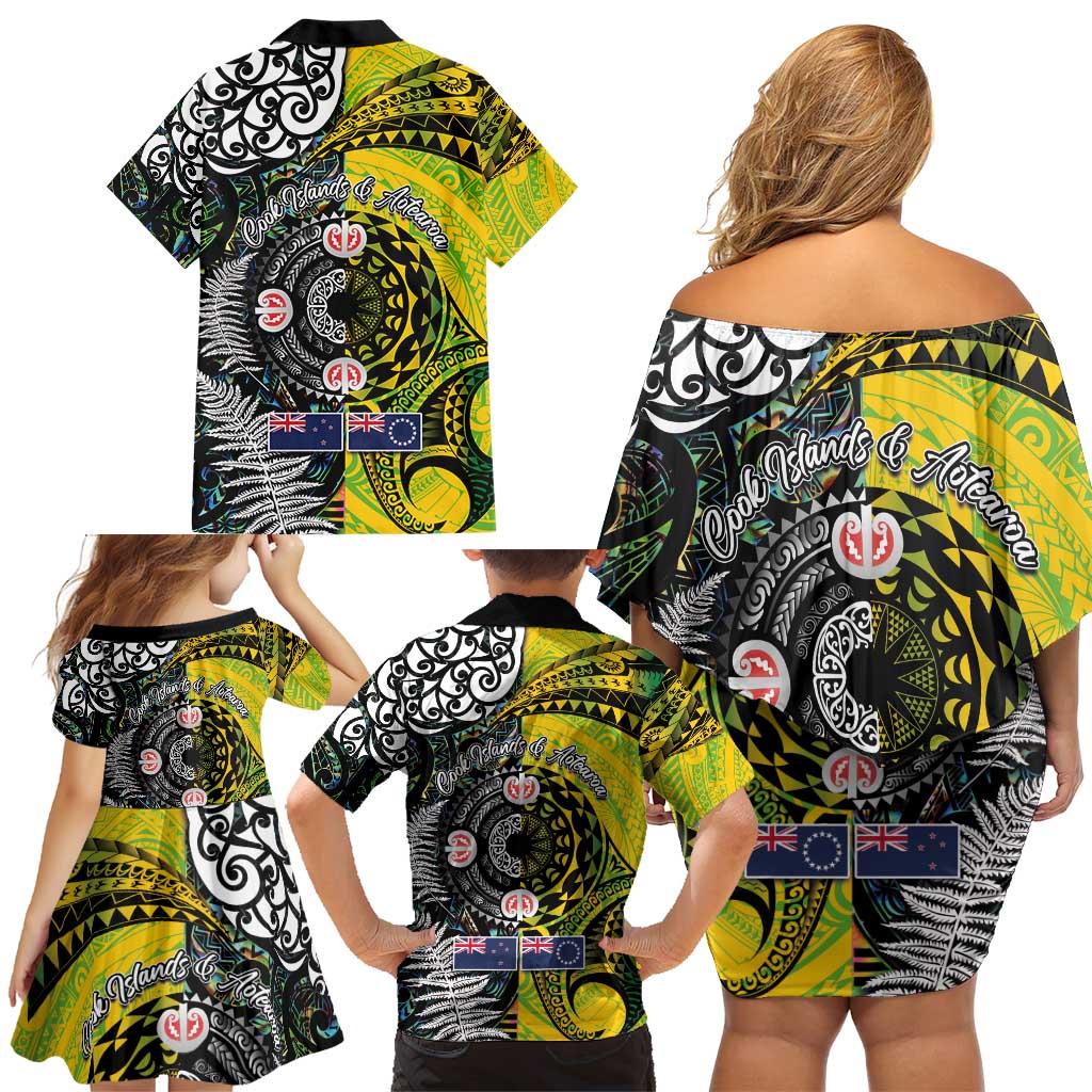 New Zealand and Cook Islands Together Family Matching Off Shoulder Short Dress and Hawaiian Shirt Tatau Art Tribal Pattern-Maori Tattoo with Fern and Paua Shell LT03 - Polynesian Pride