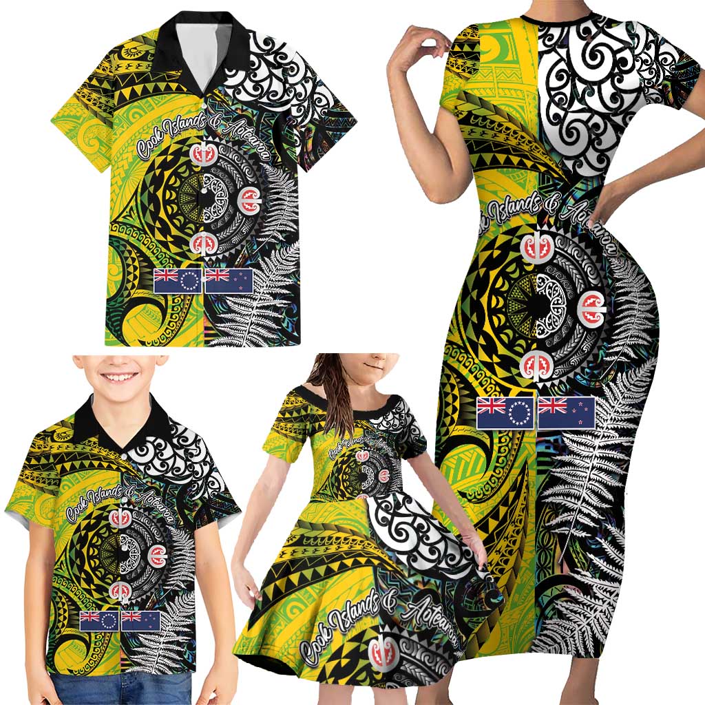 New Zealand and Cook Islands Together Family Matching Short Sleeve Bodycon Dress and Hawaiian Shirt Tatau Art Tribal Pattern-Maori Tattoo with Fern and Paua Shell LT03 - Polynesian Pride