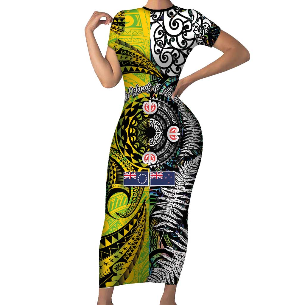 New Zealand and Cook Islands Together Family Matching Short Sleeve Bodycon Dress and Hawaiian Shirt Tatau Art Tribal Pattern-Maori Tattoo with Fern and Paua Shell LT03 Mom's Dress Art - Polynesian Pride