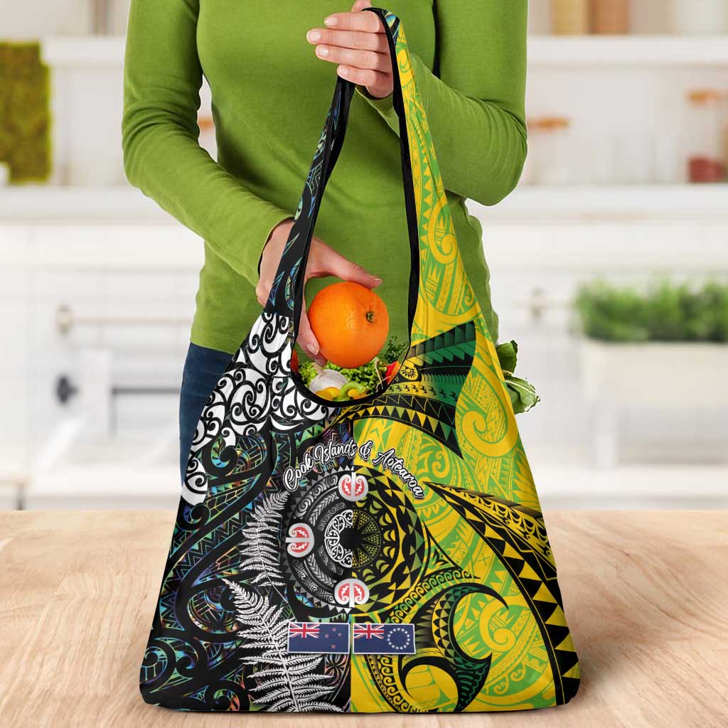 New Zealand and Cook Islands Together Grocery Bag Tatau Art Tribal Pattern-Maori Tattoo with Fern and Paua Shell