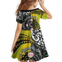 New Zealand and Cook Islands Together Kid Short Sleeve Dress Tatau Art Tribal Pattern-Maori Tattoo with Fern and Paua Shell LT03 - Polynesian Pride