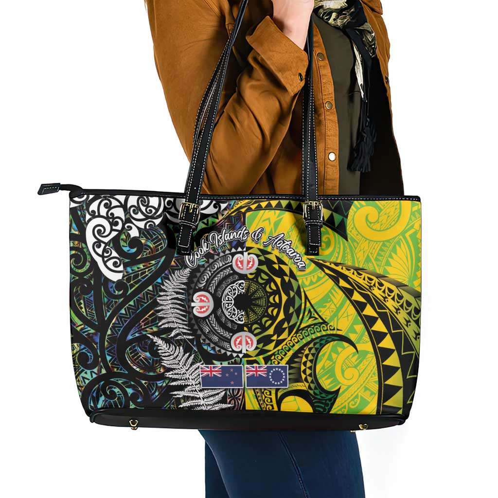 New Zealand and Cook Islands Together Leather Tote Bag Tatau Art Tribal Pattern-Maori Tattoo with Fern and Paua Shell