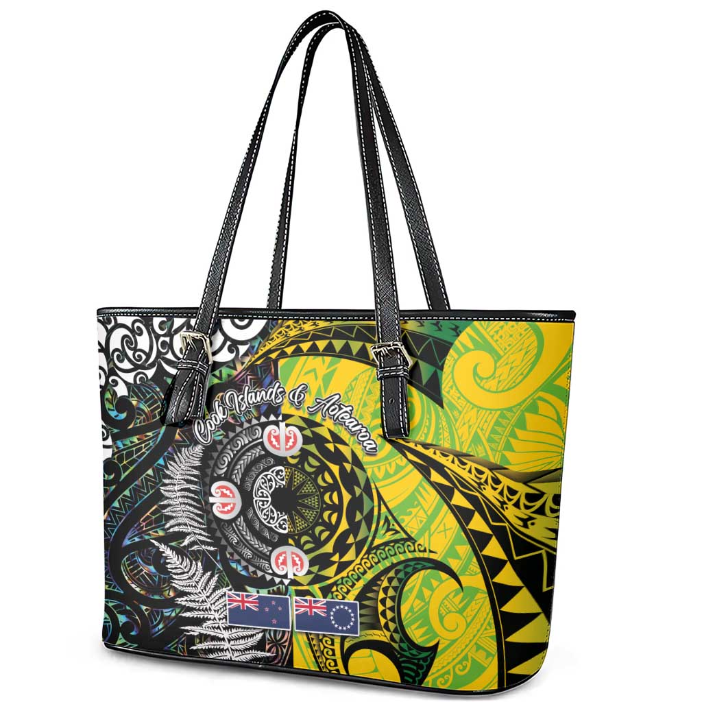 New Zealand and Cook Islands Together Leather Tote Bag Tatau Art Tribal Pattern-Maori Tattoo with Fern and Paua Shell