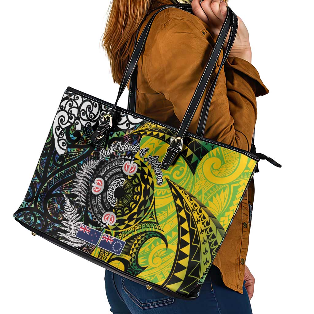 New Zealand and Cook Islands Together Leather Tote Bag Tatau Art Tribal Pattern-Maori Tattoo with Fern and Paua Shell