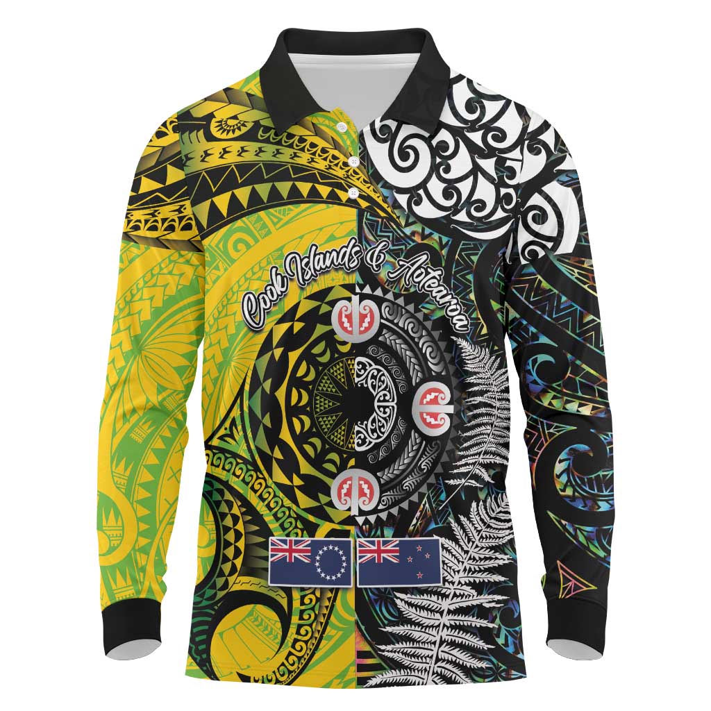 New Zealand and Cook Islands Together Long Sleeve Polo Shirt Tatau Art Tribal Pattern-Maori Tattoo with Fern and Paua Shell LT03 Art - Polynesian Pride