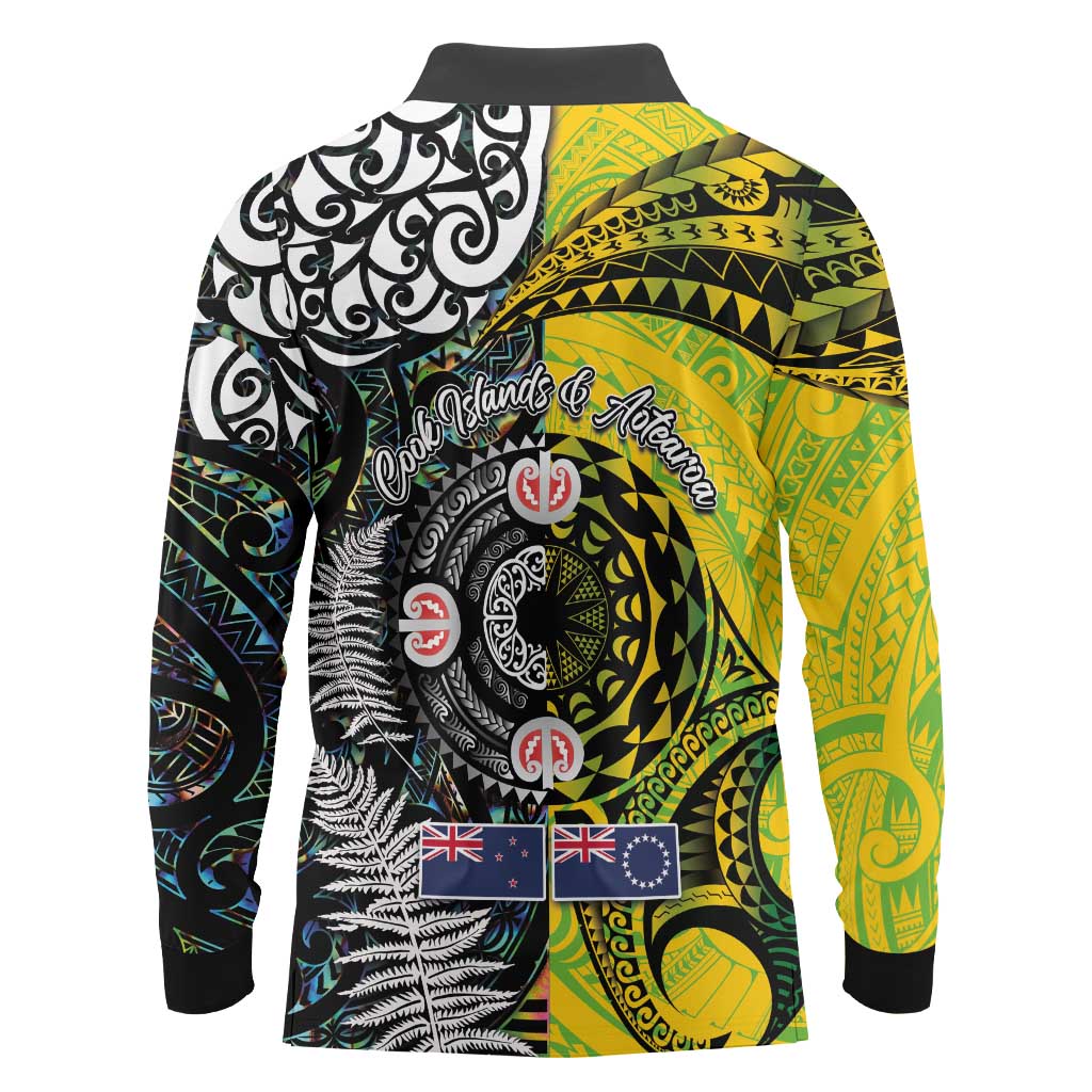 New Zealand and Cook Islands Together Long Sleeve Polo Shirt Tatau Art Tribal Pattern-Maori Tattoo with Fern and Paua Shell LT03 - Polynesian Pride