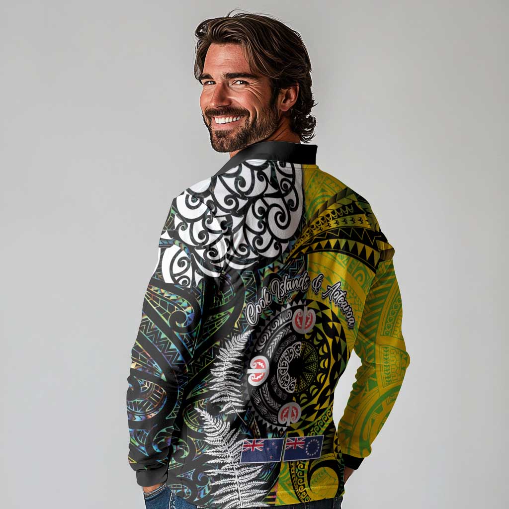 New Zealand and Cook Islands Together Long Sleeve Polo Shirt Tatau Art Tribal Pattern-Maori Tattoo with Fern and Paua Shell LT03 - Polynesian Pride