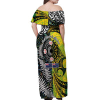 New Zealand and Cook Islands Together Off Shoulder Maxi Dress Tatau Art Tribal Pattern-Maori Tattoo with Fern and Paua Shell LT03 - Polynesian Pride