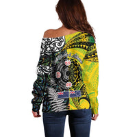New Zealand and Cook Islands Together Off Shoulder Sweater Tatau Art Tribal Pattern-Maori Tattoo with Fern and Paua Shell LT03 - Polynesian Pride