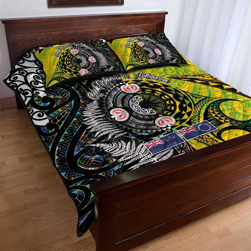 New Zealand and Cook Islands Together Quilt Bed Set Tatau Art Tribal Pattern-Maori Tattoo with Fern and Paua Shell