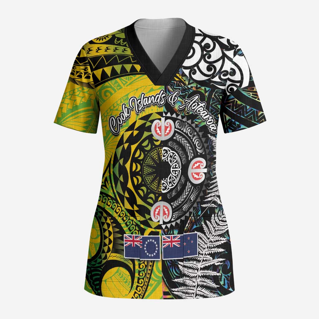 New Zealand and Cook Islands Together Scrub Top Tatau Art Tribal Pattern-Maori Tattoo with Fern and Paua Shell - Polynesian Pride