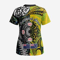 New Zealand and Cook Islands Together Scrub Top Tatau Art Tribal Pattern-Maori Tattoo with Fern and Paua Shell - Polynesian Pride