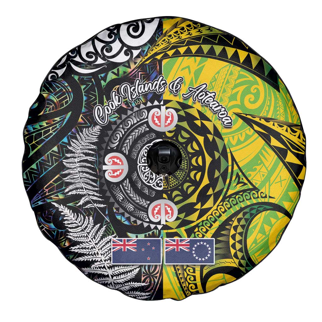 New Zealand and Cook Islands Together Spare Tire Cover Tatau Art Tribal Pattern-Maori Tattoo with Fern and Paua Shell LT03 - Polynesian Pride