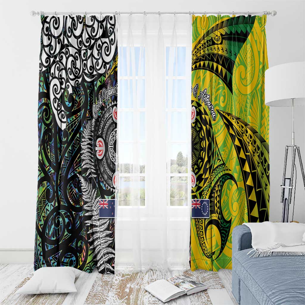 New Zealand and Cook Islands Together Window Curtain Tatau Art Tribal Pattern-Maori Tattoo with Fern and Paua Shell