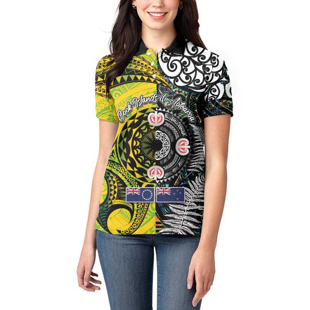New Zealand and Cook Islands Together Women Polo Shirt Tatau Art Tribal Pattern-Maori Tattoo with Fern and Paua Shell LT03 - Polynesian Pride