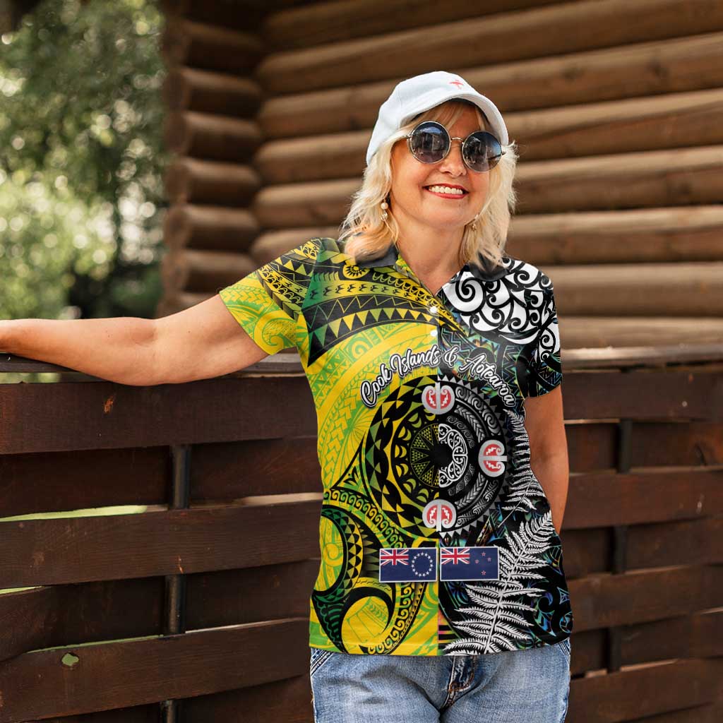 New Zealand and Cook Islands Together Women Polo Shirt Tatau Art Tribal Pattern-Maori Tattoo with Fern and Paua Shell LT03 - Polynesian Pride
